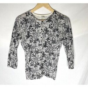 14th & Union Cardigan Sweater Womens Small S Short Black White Floral 3/4 Sleeve